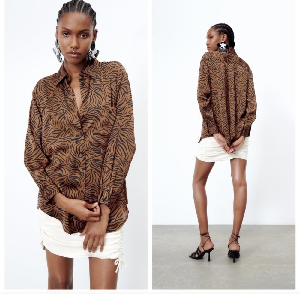 Zara Tan and Black Animal Silk Blouse Size S